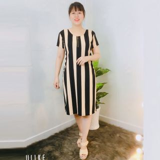 Đầm Suông Họa Tiết Sọc Vàng Cổ Tròn Dây Kéo