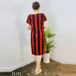 Đầm Suông Họa Tiết Sọc Đỏ Cổ Tròn Dây Kéo