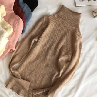 Áo len dày Phụ nữ dệt kim Áo thun có cổ áo len dài tay Áo len cao cổ Slim Jumper Mềm mại Ấm kéo