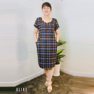 Đầm Suông Họa Tiết Caro Cổ Tròn Dây Kéo