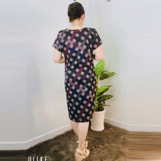 Đầm Suông Họa Tiết Caro Đỏ Cổ Tròn Dây Kéo