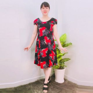 Đầm Thun Thái In Hoa Đỏ Nền Đen Tay Con