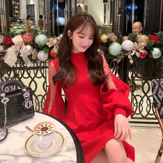 đầm xòe tay phối lưới bi