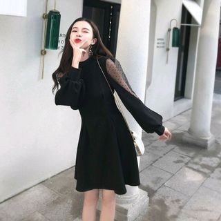 đầm xòe tay phối lưới bi