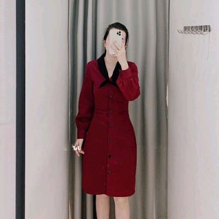 đầm midi đỏ nơ đen