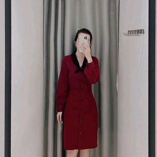 đầm midi đỏ nơ đen