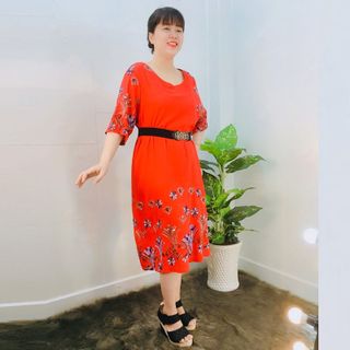 Đầm Đỏ Vải Lanh Đũi Cao Cấp Thêu Hoa