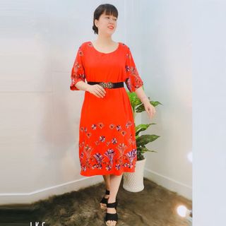 Đầm Đỏ Vải Lanh Đũi Cao Cấp Thêu Hoa