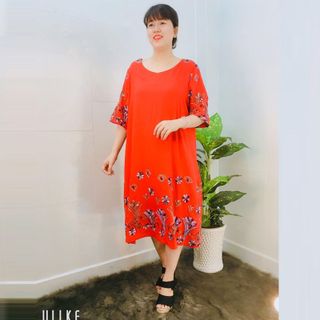 Đầm Đỏ Vải Lanh Đũi Cao Cấp Thêu Hoa