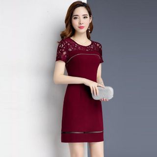 Đầm Đỏ Dự Tiệc Phối Ren Kết Kim Sa