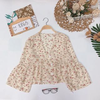 Áo hoa babydoll cổ V voan hoa cát lụa