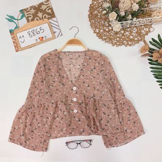 Áo hoa babydoll cổ V voan hoa cát lụa