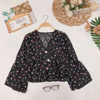 Áo hoa babydoll cổ V voan hoa cát lụa