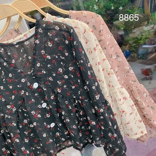 Áo hoa babydoll cổ V voan hoa cát lụa