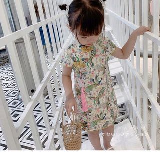 sườn xám bé gái họa tiết phượng hoàng và kẻ Caro
