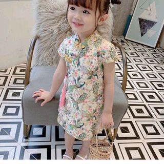 sườn xám bé gái họa tiết phượng hoàng và kẻ Caro