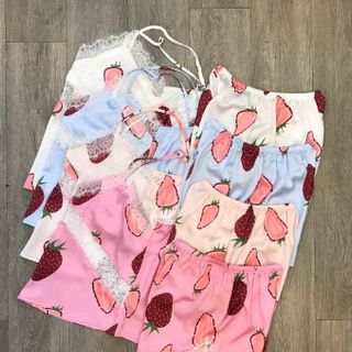 Đồ bộ mặc nhà pijama đùi Trái dâu phối ren chất lụa in nhiệt siêu mịn giá sỉ