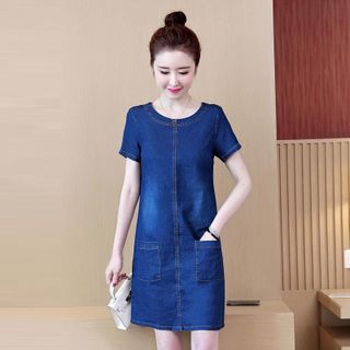 Đầm Jean Cổ Tròn Hai Túi Trước Form Chữ A Đơn Giản