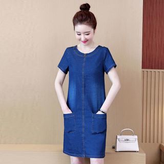 Đầm Jean Cổ Tròn Hai Túi Trước Form Chữ A Đơn Giản