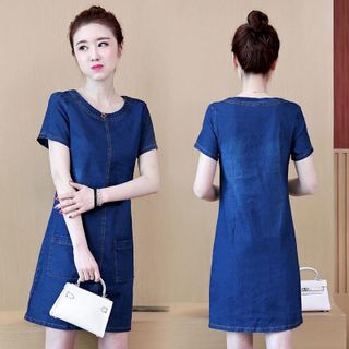 Đầm Jean Cổ Tròn Hai Túi Trước Form Chữ A Đơn Giản