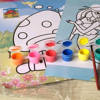 bộ tranh tô gồm 2 tấm tranh kích thước 19cm x 26cm và 6 màu nước và 1 Cây cọ chỉ 7k nguyên bộ rẻ sỉ