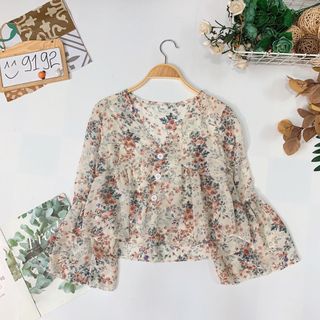 Áo hoa babydoll cổ V voan hoa cát lụa mát đẹp