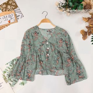 Áo hoa babydoll cổ V voan hoa cát lụa mát đẹp