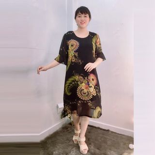 Đầm Silk Lụa In 3D Họa Tiết Hoa Nền Đen Tay Loe