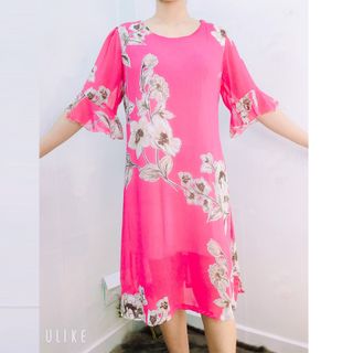 Đầm Hồng Silk Lụa In 3D Họa Tiết Tay Loe