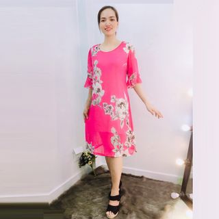 Đầm Hồng Silk Lụa In 3D Họa Tiết Tay Loe
