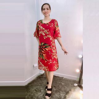 Đầm Đỏ Silk Lụa In 3D Nhiều Họa Tiết Tay Loe