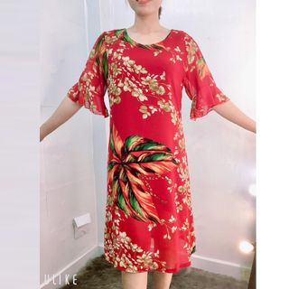 Đầm Đỏ Silk Lụa In 3D Nhiều Họa Tiết Tay Loe