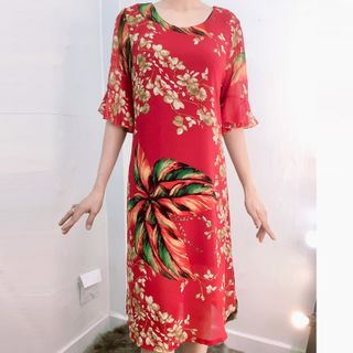 Đầm Đỏ Silk Lụa In 3D Nhiều Họa Tiết Tay Loe