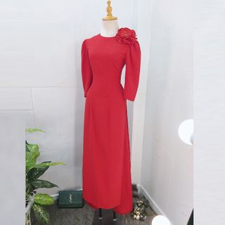 Áo Dài Đỏ Tươi Cách Tân Cài Hoa Nổi Vai Bồng