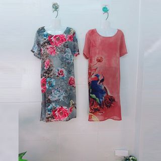 Đầm Xám Free Size Silk Lụa In Hoa 3D Họa Tiết