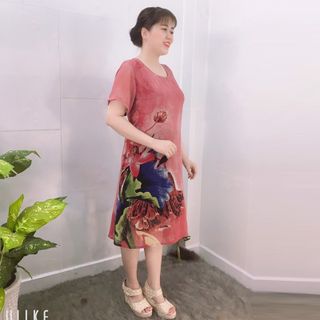 Đầm Hồng Ruốc Free Size Silk Lụa In Hoa 3D Họa Tiết
