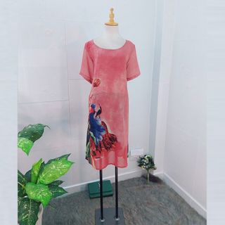 Đầm Hồng Ruốc Free Size Silk Lụa In Hoa 3D Họa Tiết