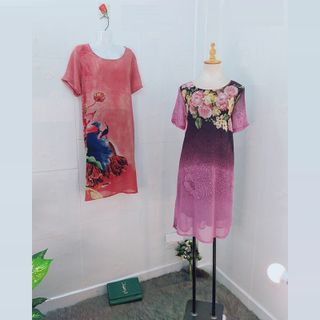 Đầm Hồng Ruốc Free Size Silk Lụa In Hoa 3D Họa Tiết