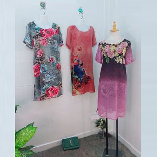Đầm Tím Free Size Silk Lụa In Hoa 3D Họa Tiết