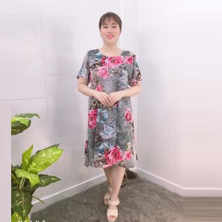 Đầm Xám Free Size Silk Lụa In Hoa 3D Họa Tiết