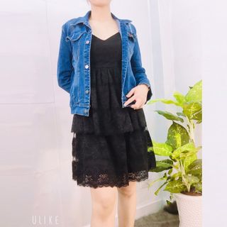 Set Áo Khoác Jean Và Đầm Đen Ren 2 Tầng Cao Cấp