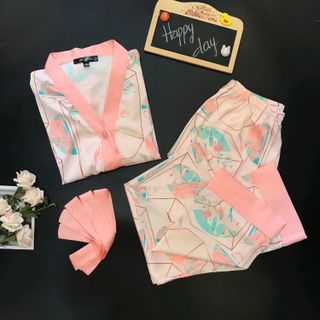 Pijama đồ bộ mặc nhà tdqd không cổ kèm dây thắt lưng chất lụa in 3D siêu cao cấp giá sỉ