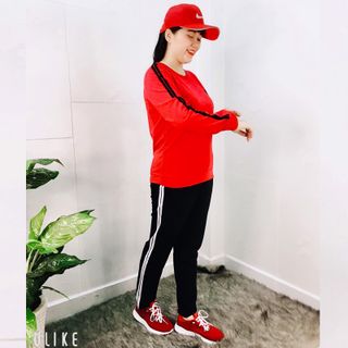 Set Thể Thao Đỏ Áo Dài Quần Dài 2 Sọc