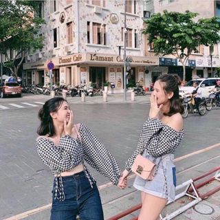 Áo tay dài phồng trễ vai nhún ngực rút dây 2 bên vải voan