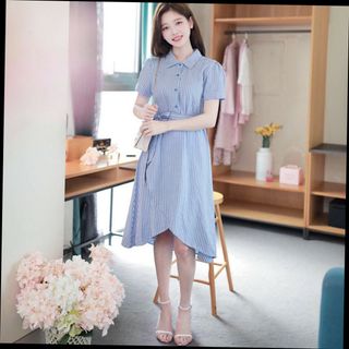Đầm sơ mi sọc xanh xẻ tùng nữ tính