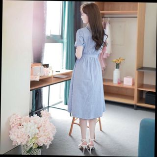 Đầm sơ mi sọc xanh xẻ tùng nữ tính