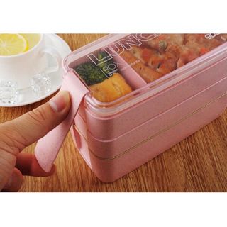 Set hộp cơm văn phòng 3 tầng bằng lúa mạch và túi giữ nhiệt nhiều màu