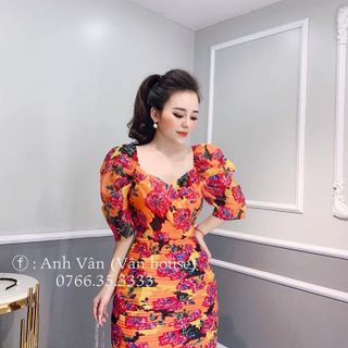 đầm body hoa tay phồng phối dập ly giá sỉ