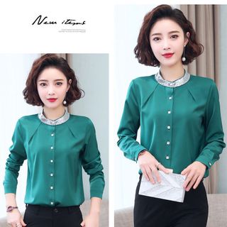 Áo Sơ Mi Tay Dài Cổ Trụ Phối Kim Sa Phong Cách