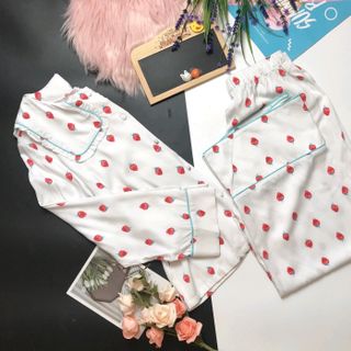 Đồ ngủ đồ bộ mặc nhà pijama bánh bèo tdqd trái dâu chất xô quảng châu mềm mịn giá sỉ